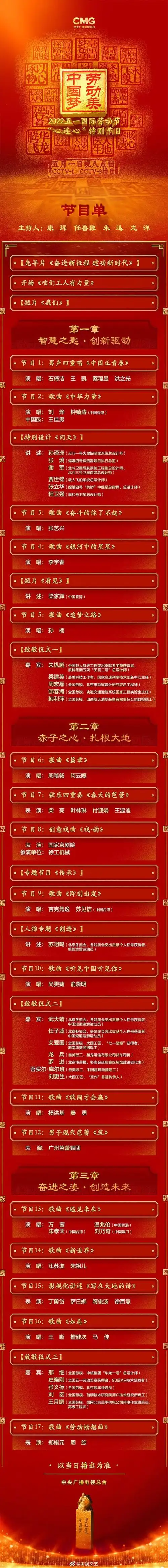 新京报讯 5月1日,央视文艺发布了央视五一晚会节目单.