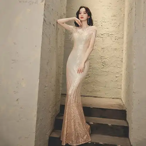 高端晚礼服裙女2020新款名媛宴会气质亮片鱼尾主持人年会大气优雅
