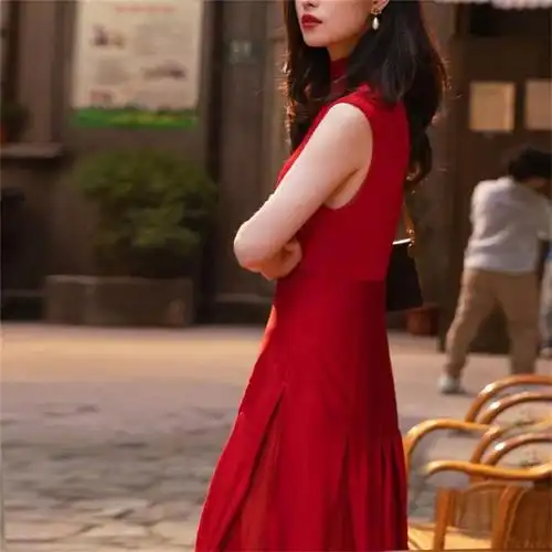 早春流金岁月倪妮朱锁锁明星同款衣服红色长款修身连衣裙