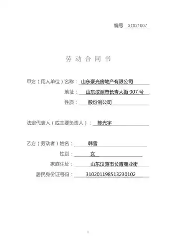 正式劳动合同填写范例doc