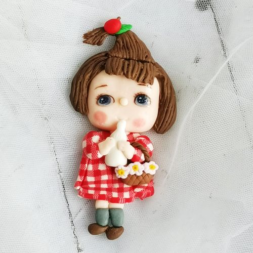 烘焙蛋糕装饰软陶手绘人偶摆件格子小女孩可爱丸子节日装扮用品