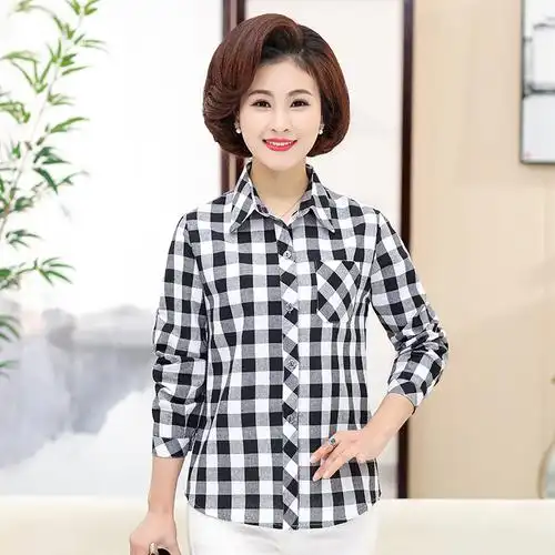 中老年衬衫女妈妈装棉格子长袖衬衫4050岁春秋装宽松大码上衣