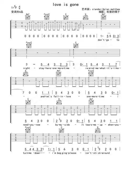 slander/dylan matthew《love is gone》吉他谱_c调吉他弹唱谱第1张