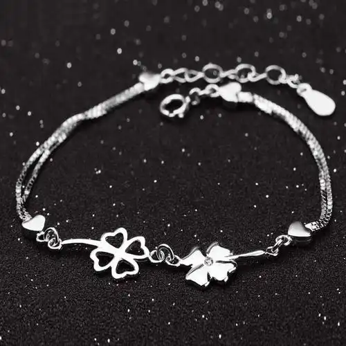 925银手链韩版女士韩国饰品四叶素银简约时尚送女友送女朋友七夕情人