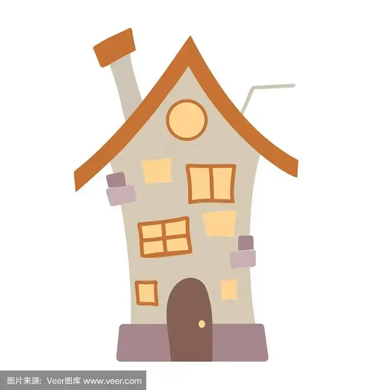 一幢多层乡村住宅的平面卡通插图,白色背景上有烟囱和天线.可爱的家.