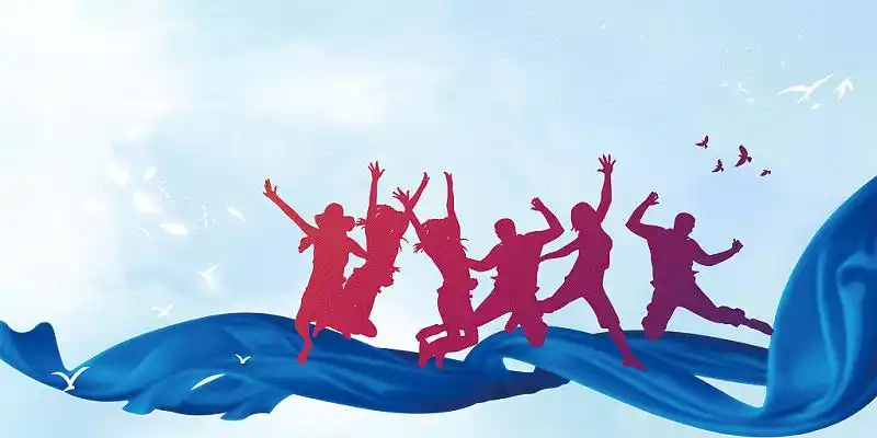 蓝色简约五四青年节人物跳跃无奋斗不青春展板背景五四青年节背景