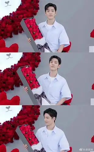 昨晚入场后的肖战手捧寓意为1314的玫瑰花盒登场.