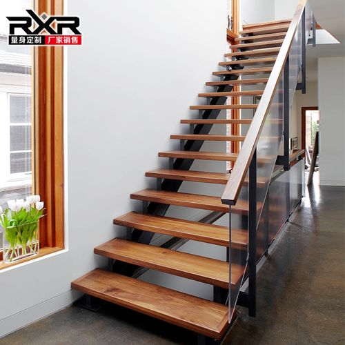 双梁钢木楼梯定制轻奢铁艺室内整体复式别墅家用阁楼loft双跑轻奢