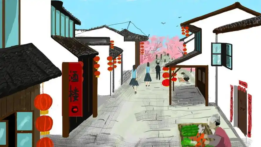 民国时期建筑街道插画背景