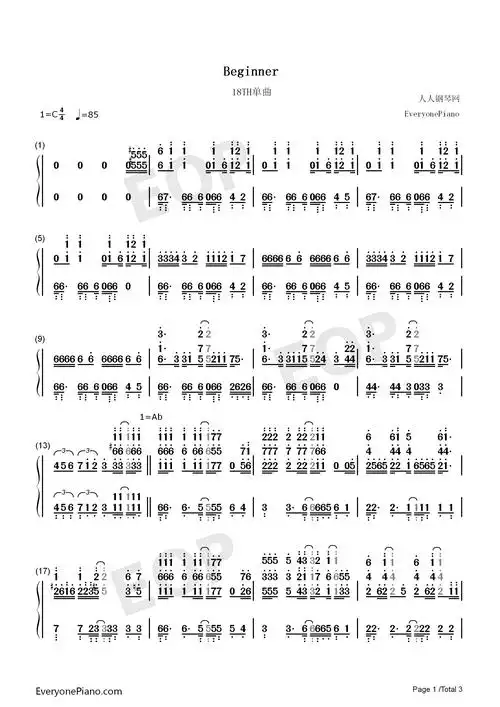 beginner-动漫akb0048插曲双手简谱预览1