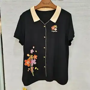 亨格舒22057短袖t恤大码中老年女装2022夏洋气镶钻方领上衣女正品