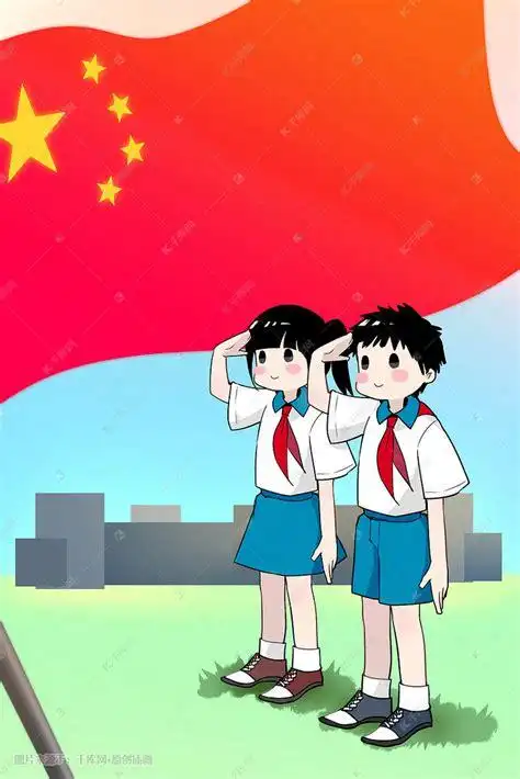 小学生在草地上向国旗敬礼插画图片-千库网