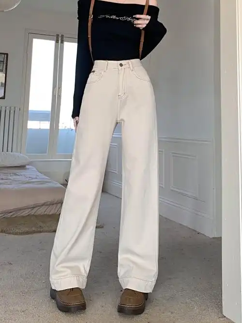 实拍米白色2024春新高腰显瘦阔腿牛仔裤女显瘦百搭垂感窄版直筒