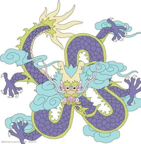 关键词:紫色飞龙 神龙经典造型 淡蓝色的云 正面 中国传统龙凤图案