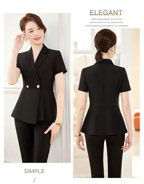 春夏季通勤短袖西服套装女2024新款修身显瘦简约干练纯