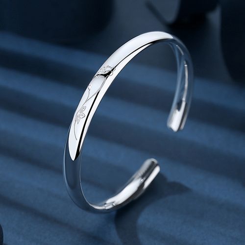 康乃馨亮面手镯女纯银年轻款开口可调节时尚镯子母亲送妈妈贵妃镯