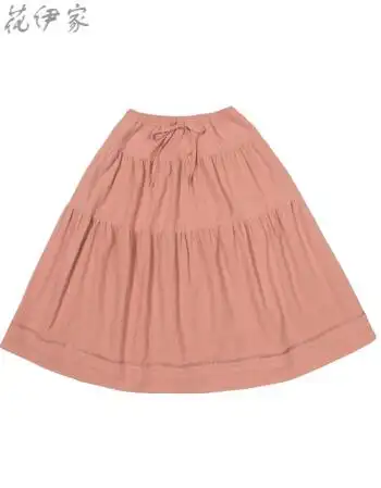 lifegirl 18年春夏新品 森系少女棉麻花边中长半裙大裙摆 樱粉色 l
