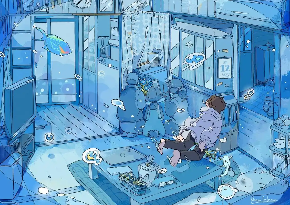 画师「ならの」作品欣赏:蓝色梦幻海底世界,透明感治愈系场景插画