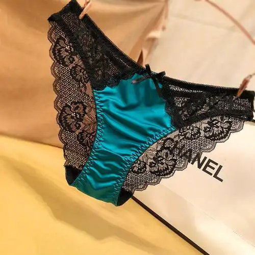 欧美性感镂空透视冰丝缎面无痕三角裤蕾丝提花诱惑火辣女士内裤