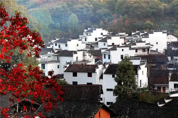 江西上饶,婺源,深秋时节,随着气温逐渐降低,雨后放晴的江石城古村落山