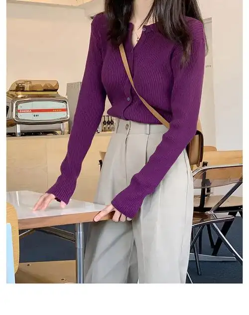 楠沫复古温柔风圆领紫色短款长袖针织开衫女内搭百搭毛衣外套上衣