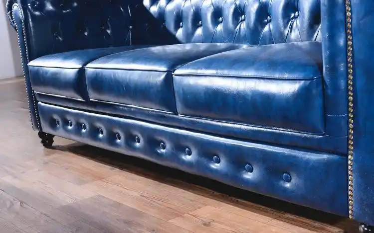 美式深蓝色皮艺沙发北欧真皮沙发拉扣客厅沙发ktv酒店复古沙发
