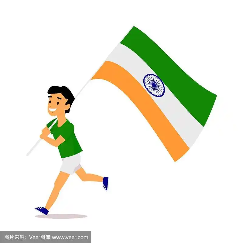 卡通印度男孩拿着大印度国旗跑步