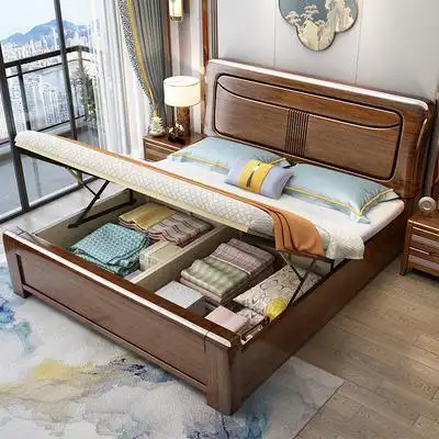 金丝胡桃木实木床1.8米双人床简约床现代主卧新中式1.5高箱储物床