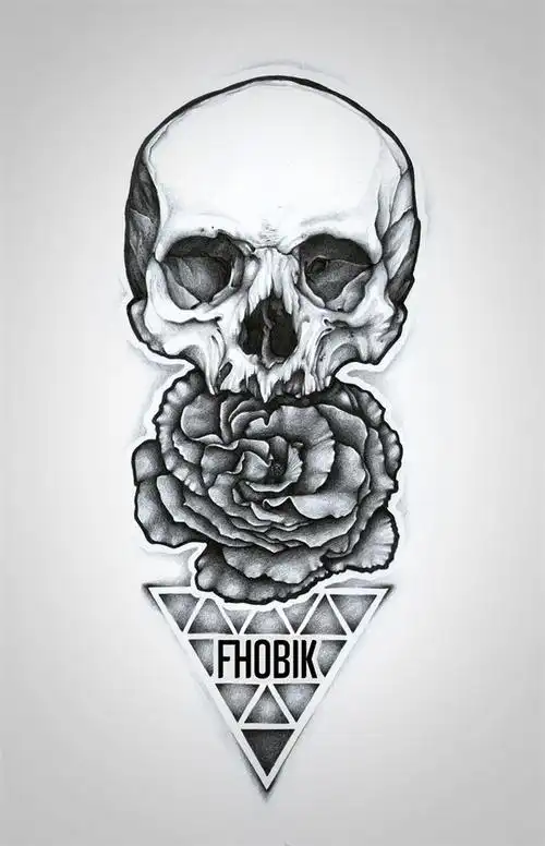 黑白骷髅玫瑰纹身手稿