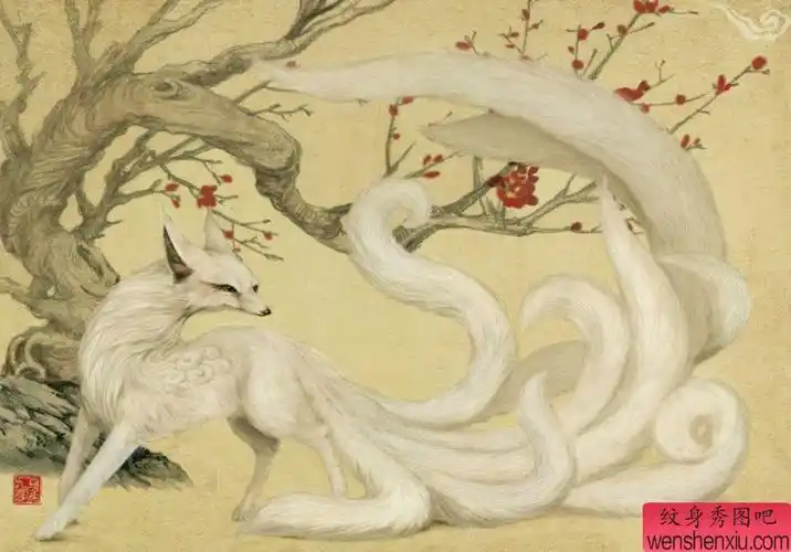 白色九尾狐纹身手稿