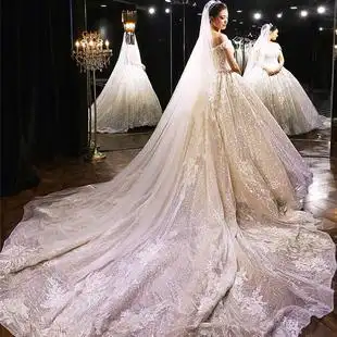 出租重工主婚纱2021新款 夏租赁 新娘气质奢华星空大拖尾一字肩法式