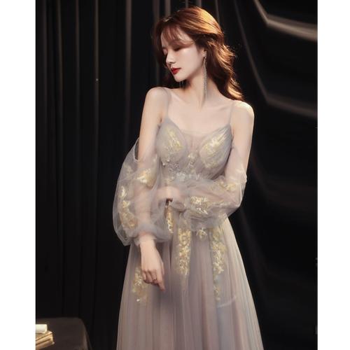 吊带艺考晚礼服女2023新款气质宴会长款高端大气优雅长袖性感显瘦