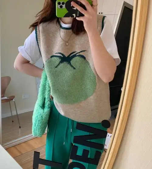 马甲立体提花青柿大番茄柿柿如意针织毛衣女士春季新款针织背心