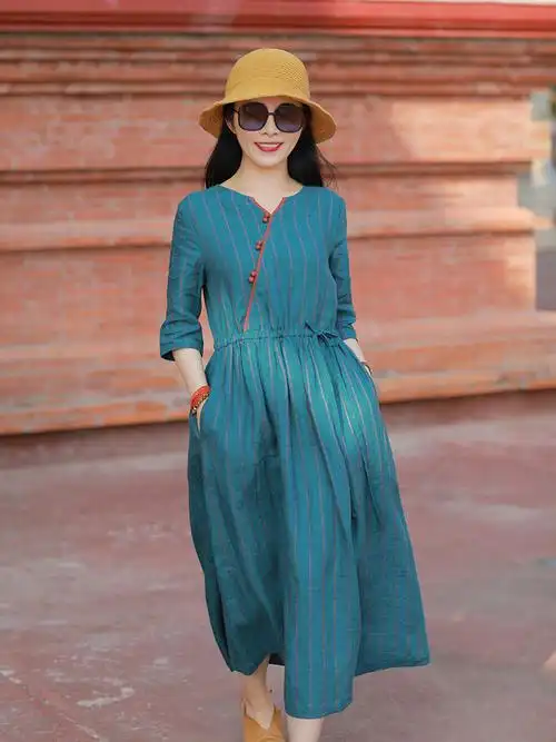 外贸出口高端意大利大牌女装亚麻连衣裙新款色织条纹旅行文艺长裙