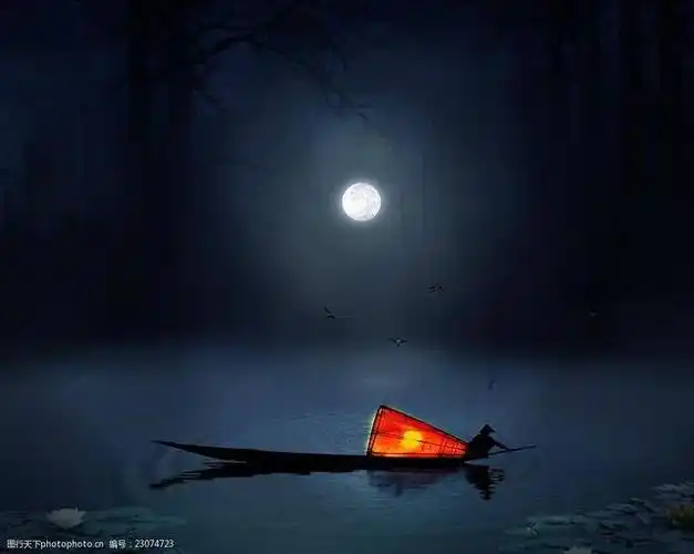 寒江孤影夜行舟,清风为伴月为友.