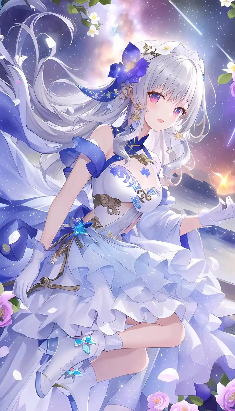 星空下花海里的少女