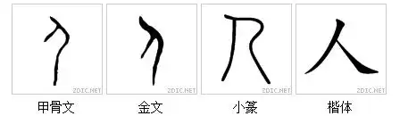 商末甲骨文,商周金文,秦小篆,汉以后至今人字写法大体相同