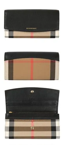 burberry/博柏利 黑色拼接牛皮女士长款翻盖钱包 3955506