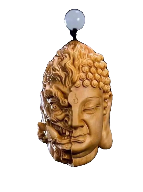 木雕佛魔一念之间手把件小叶紫檀挂件黄杨木崖柏男士把玩件拼接款