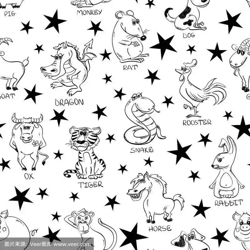 十二生肖黑白无缝图案