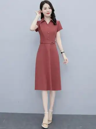 艾柔丹连衣裙女夏季新款衣服女装时尚气质减龄收腰显瘦纯色洋气衬衫