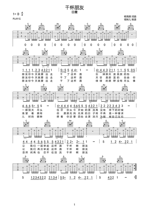 田震干杯朋友吉他谱