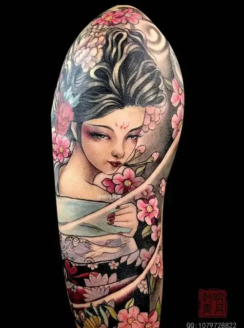 回眸纹身图片_成品传统肖像手臂人物原创习俗国画艺伎明月艺伎纹身
