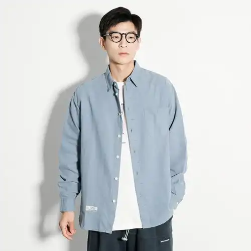 写意春款日复古纯色长袖衬衫男装休闲基础文艺衬衫