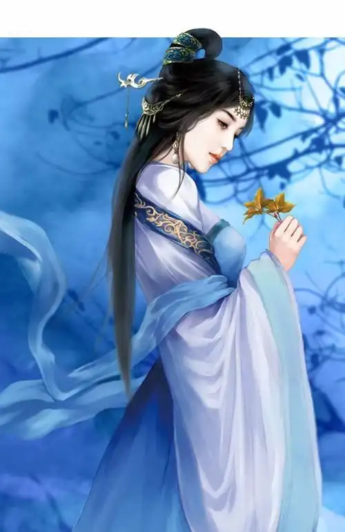 请问谁有这样一张古风图:背景蓝色,一个蓝衣女子侧身站着,手里拿着