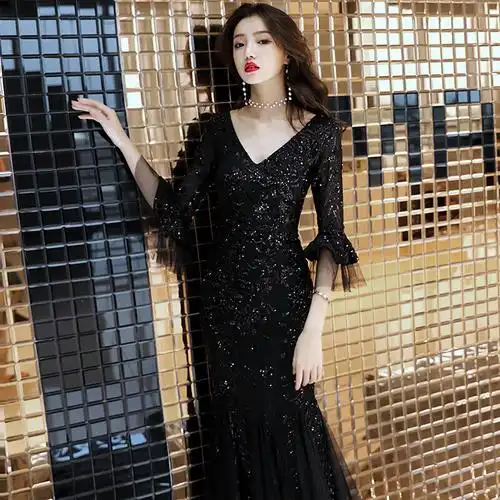 黑色晚礼服女2020时尚宴会高端性感高贵显瘦长款鱼尾裙主持人年会