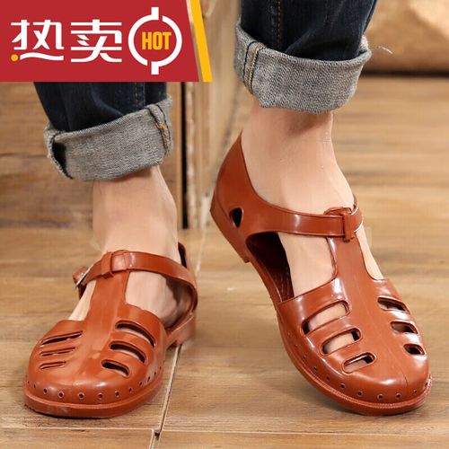 skgoldy解放塑料猪笼鞋监狱风云鞋驾驶员胶凉鞋老式劳保男洞洞 巧克力