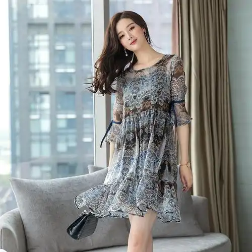 mizzo夏季新款女装韩版显瘦宽松中长裙子喇叭袖碎花雪纺连衣裙女