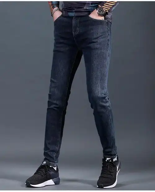 ck 奢侈品 国际大牌加绒牛仔裤男秋冬修身小脚潮流深色水洗质感裤子