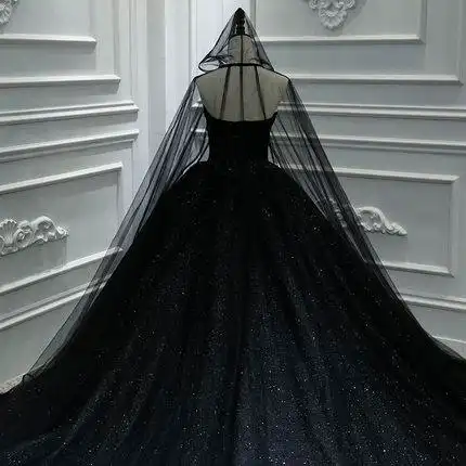 黑色主暗黑系宫廷风长拖尾星空婚纱